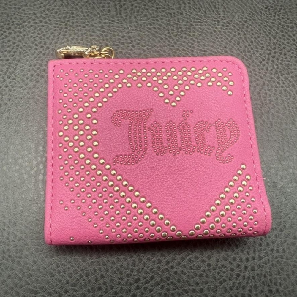 Juicy Couture Wallet Womens Y2K Style Pink Heart Studded Zip Bifold Small Purse